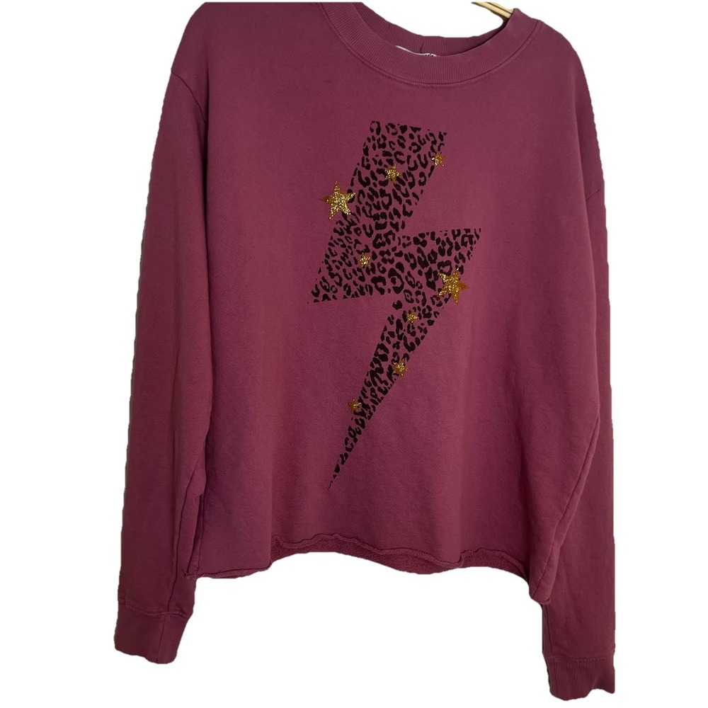 Letluv by Anthropologie‎ Maroon Lightning Bolt Shimmer Cotton Sweater Sz M